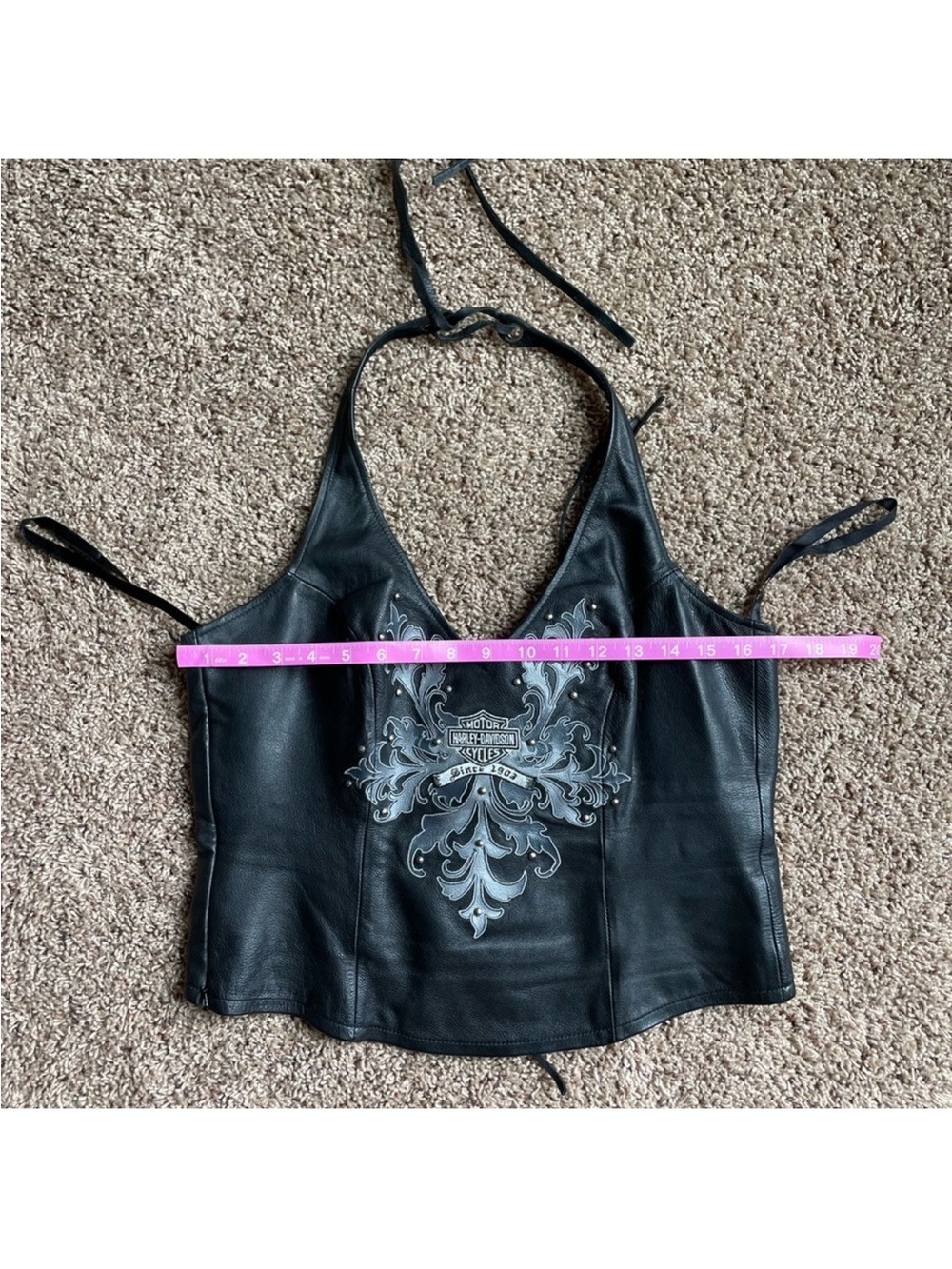 Harley-Davidson Leather Corset Halter Top with Silver Embroidered Crest - Picture 4 of 6